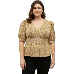 J.Crew Puff Sleeve Blouse Yellow Floral Peplum 16 Countryside Rustic Romance